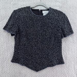 Papell Boutique Evening Top Womens M Silk Beaded Floral Asymmetrical Hem Formal